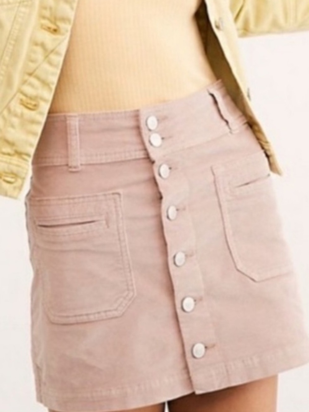 We The Free Joanie Corduroy Mini Skirt Blush Pink Button Front Size 29